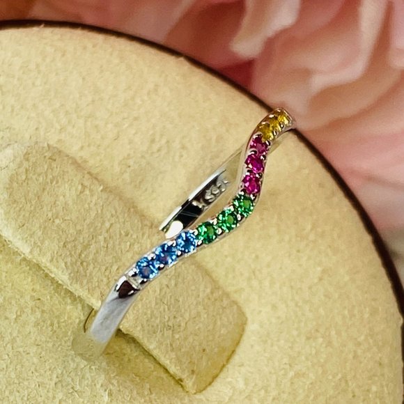 Sterling Silver Wavy Multi Color Cubic Zirconia Stackable Band Ring Size… - Picture 2 of 6